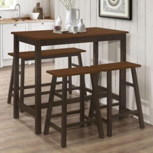 this country four-piece counter height table set gives off modern farmhouse vibes. A two-tone finish offers a subtle contrast and rustic-inspired design. A chestnut finish covers the tops of the table