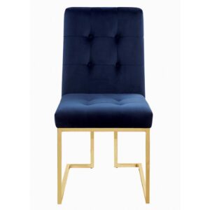 sleek and metallic gold legs create an open feel. Plush blue cushions fill the seat and back