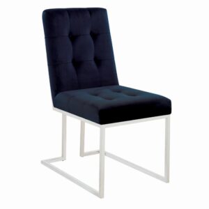 Create a stunning visual with the bold colors from this armless dining chair. Open up a dining room with sleek and metallic chrome legs. The blue cushioned back and seat is filled with button tufting for an elegant look. Bold colors and angles meet to create a luxurious piece that adds style and comfort. Luxury and practicality marry for a sensational piece of decor.