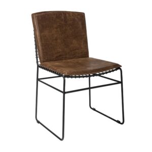 rich vintage brown leatherette and an iron leg base in a matte black finish. A contoured padded seat offers plenty of comfort to go with the vintage leather styling. Metal grid backs come with convenient pull handles that also add a touch of panache. This set of dining chairs offers plenty of comfort for those vibrant meals and conversations.