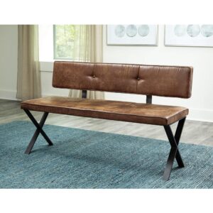 This gorgeous upholstered bench is crafted in warm tones and materials for a rustic appeal. It offers a vintage industrial allure from a warm