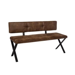 rich vintage brown leatherette and iron leg X-style base in a matte black finish. A cushioned bench seat provides loads of comfort. A padded back adds even more support so you can enjoy yourself without worry. This bench will be a favorite place to sit and enjoy large family gatherings.