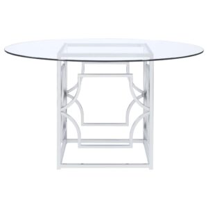 Add a beautiful visual to a dining room with this stunning dining table. Clear tempered glass top offers a sleek and easy-to-clean solution for a showstopping look. Contemporary in style