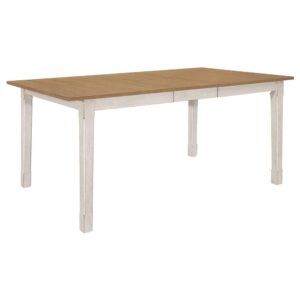 designed in a lovely two-tone finish of natural plank tops and seats with a rustic off white bases