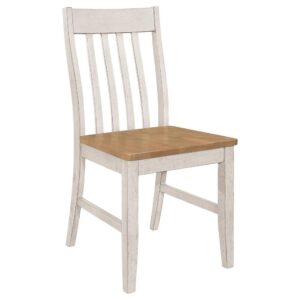 casual flair to this set of two farmhouse style side chairs. Rest comfortably in elegantly contoured slat back designed frames