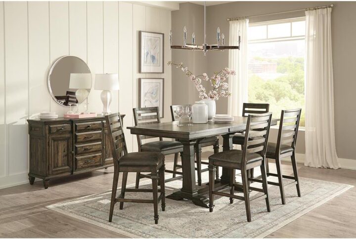 Lend a rustic vibe to a contemporary home with this five-piece counter height dining set