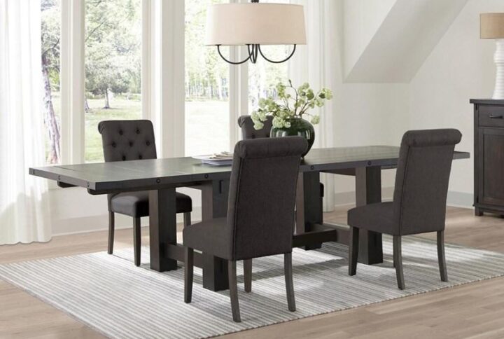 Looking for an elegant yet comfortable and semi-casual addition to your modern dining room? This dining set delivers a tasteful look of elegance with a contemporary finish palette and plenty of style. Anchored by a rectangular dining table with a bold vintage java finish and a chunky silhouette