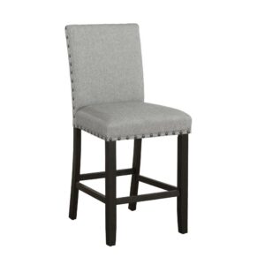 casual look. Each foam-filled upholstered stool is wrapped in a woven linen-like fabric that offers complete comfort. Running along the backrest and seat are hand applied nailhead trims in a dark bronze finish. Constructed of a solid Asian hardwood
