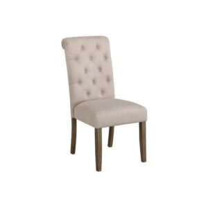 each chair is wrapped in a neutral upholstery that adds an understated look. Below the upholstery is a webbed seating construction that offers guests and family comfort and long-lasting support. Each chair offers a classic button tufted backrest that lends a traditional vibe