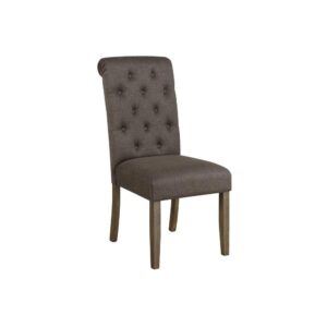 each chair is wrapped in a neutral upholstery that adds an understated look. Below the upholstery is a webbed seating construction that offers guests and family comfort and long-lasting support. Each chair offers a classic button tufted backrest that lends a traditional vibe