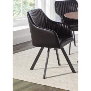 Add a mid-century flair to your dining space with this swivel dining chair. Wrapped in a black leatherette