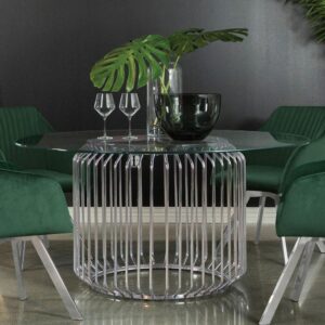 comes this modern dining table. Featuring a cylindrical shape surrounded by slim metal rods all around