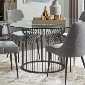 this sculptural-like table base features a stunning cage-style design. Round in shape with sleek