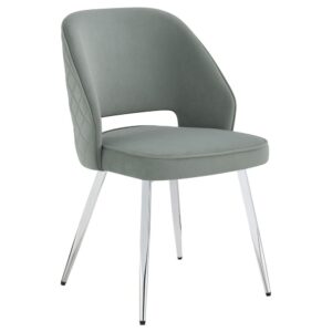 contemporary dining chair boasts a retro flair. Designed with a contoured backrest that sweeps into the padded seat