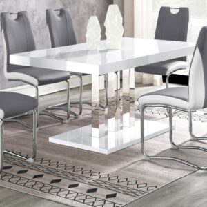 Sleek lines and smooth materials come together to create this ultra-modern dining table. Designed with a spacious rectangular top in a white high gloss finish that lends a polished