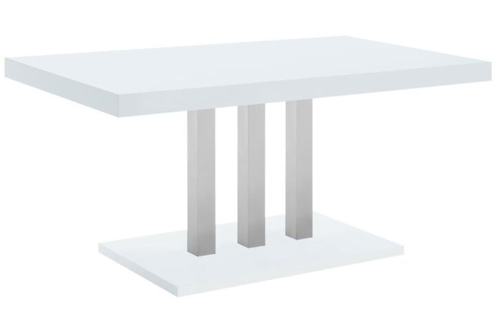 Give your entertainment area an ultra-modern feel with this five-piece dining table set. A spacious rectangular table with a gleaming high gloss white finish is supported by three stainless steel supports in a lustrous chrome finish that rest on a flush base that mirrors the top. With a pedestal-like design