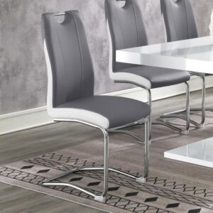 this dining chair features a smooth gray leatherette