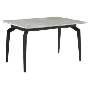 this dining table offers a strong and stable surface for entertaining guests. A self-storing butterfly leaf mounted on smooth metal glides lends additional space for extra guests too. Beveled edges and rounded corners soften the look of the stark lines of contrasting finishes. Long legs in a sandy black finish jut out from the top