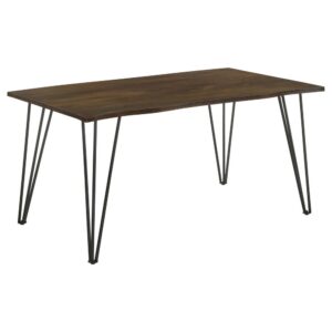 designed with a spacious rectangle mango wood tabletop supported by retro-inspired hairpin iron legs in a bold gunmetal finish. The rich