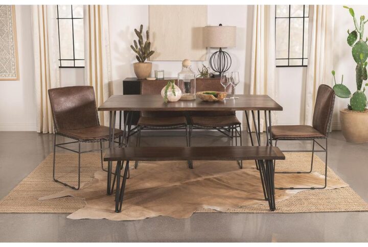 Transform your casual modern farmhouse dining room with this rustic industrial dining table set