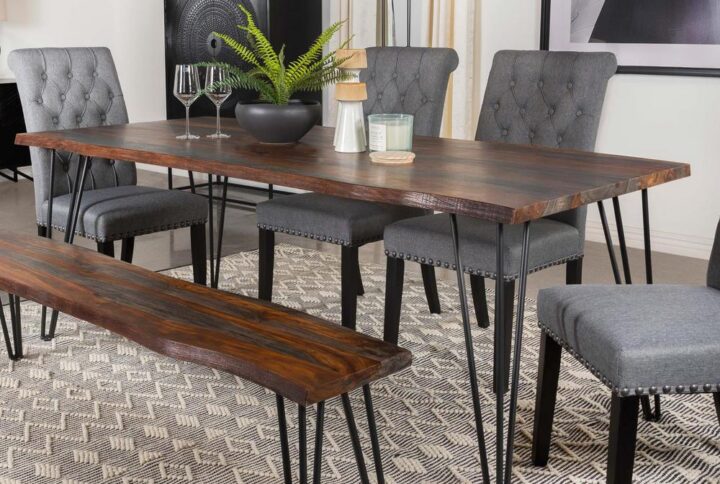Create a casual dining experience with this rustic industrial dining table