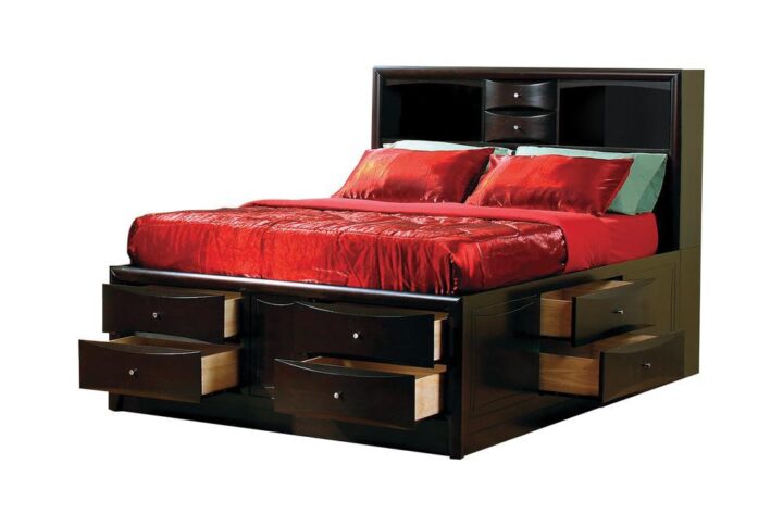 From the Phoenix collection comes this queen storage bed. It features a high bookcase headboard complete with shelving for an alarm clock and an assortment of books for night-time reading. The bed has ten drawers for tons of storage - two small ones on the headboard