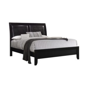 The Briana collection includes this distinctive eastern king bed that highlights any master bedroom. High profile headboard is wrapped in luxuriant black leatherette. Low profile footboard has tasteful clean lines. Sits off the floor with an assertive presence. Looks great with matching side table and/or chest from the same collection (not included).