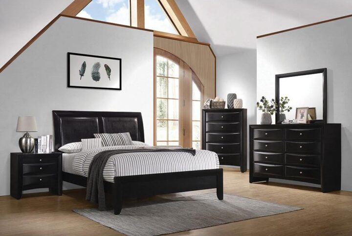 This masterful 5-piece Briana bedroom set includes a chest and dresser as well as nightstand. Highlighting the set is a majestic bed with a slightly flared headboard with leather-padded upholstery and a low-profile footboard. The nightstand and chest have smooth
