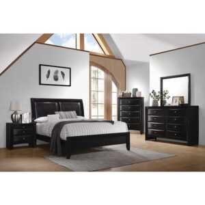 crisp lines and are crafted with beveled drawers accentuated by brushed chrome knobs. The eight-drawer dresser has a ton of storage space along with a broad top that easily accommodates boxes for accessories and the accompanying rectangular mirror with wood frame. The entire set is finished in a timeless black that adds elegance to the ambiance.