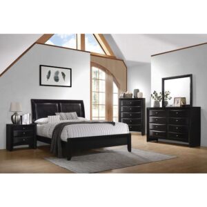 black leatherette-wrapped headboard imparts a stately disposition. The footboard is fabricated with a sleek