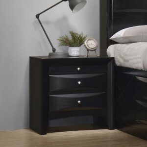 this nightstand is an attractive accent. Constructed from tropical hardwood and Asian veneer for dependability. It features a chambered trim and chambered drawer fronts. Drawers are fashioned with brushed chrome knobs for a trendy appeal. Finished in back