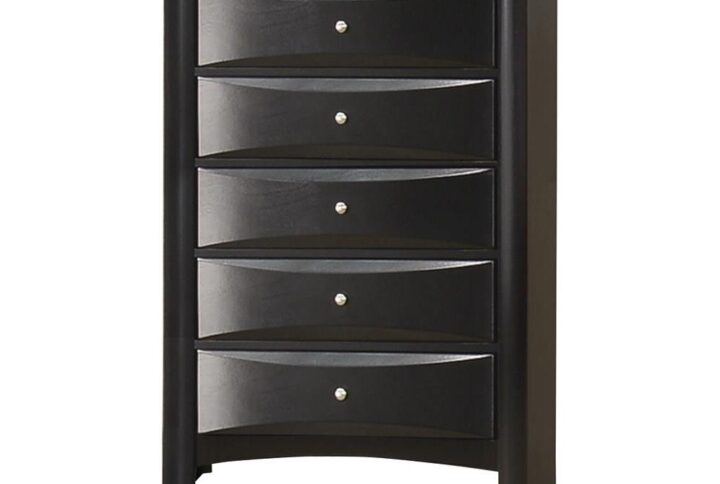 A distinctive member of the Briana collection is this solid and gorgeous chest of drawers. It is crafted from tropical hardwood and Asian veneer for durability. Chest is highlighted with chambered trim and five spacious drawers with brushed chrome knobs. Further appeal is found in the chambered drawer fronts that catch the light just so. Finished in elegant black.