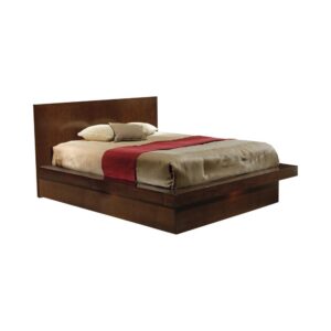This California king bed is a showcase of the Jessica collection that's meant to be the centerpiece of a master bedroom. It is expertly constructed from durable solid wood and gorgeous ash veneers. Bed has a split level appearance as the mattress base extends over the solid floor base for a contemporary look. Bed comes finished in rich cappuccino or striking white. Optional nightstand panel is suggested to place the matching Jessica nightstand (not included) within arm's reach.