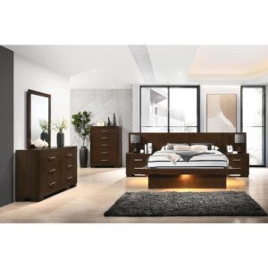 This California king bed is a showcase of the Jessica collection that's meant to be the centerpiece of a master bedroom. It is expertly constructed from durable solid wood and gorgeous ash veneers. Bed has a split level appearance as the mattress base extends over the solid floor base for a contemporary look. Bed comes finished in rich cappuccino or striking white. Optional nightstand panel is suggested to place the matching Jessica nightstand (not included) within arm's reach.