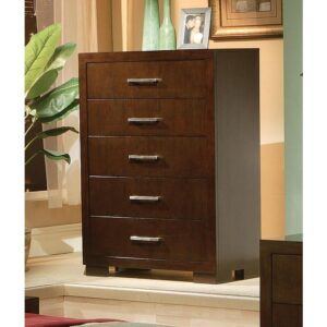 Finish off your bedroom decor with effortless style and grace. This six-drawer chest pulls a room together with versatile sophistication. Its drawers provide plenty of space to store your valued belongings. High-quality wooden construction offers maximum durability. With elegant silver bar handles and a rich cappuccino finish