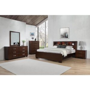 This Jessica eastern king bed strikes a lofty presence in any master bedroom collection. Headboard features three spacious open storage spaces to house a couple of alarm clocks and plenty of nighttime reading material. Low-profile footboard has contemporary charm. Finished in rich cappuccino that suits any bedroom decor. Add an optional matching side table from the same collection to complete the set.