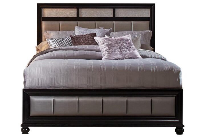 An eye-catching design with sleek style. Make any room a decor haven with this exceptional bed. Easy elegance offers a casual look with modern accents. Bold styling plays with geometric shapes in vertical and horizontal orientations. Add a glam touch with metallic leatherette upholstery.