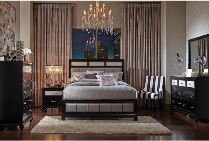 An eye-catching design with sleek style. Make any room a decor haven with this exceptional bed. Easy elegance offers a casual look with modern accents. Bold styling plays with geometric shapes in vertical and horizontal orientations. Add a glam touch with metallic leatherette upholstery.