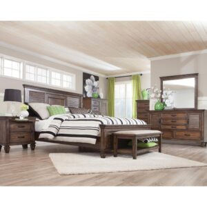 This magnificent 5-piece bedroom set from the Franco collection has chic styling and modern convenience. The imposing headboard and low footboard of the bed are crafted with detailed panels for an elegant look. The durable roomy drawers on the nightstand