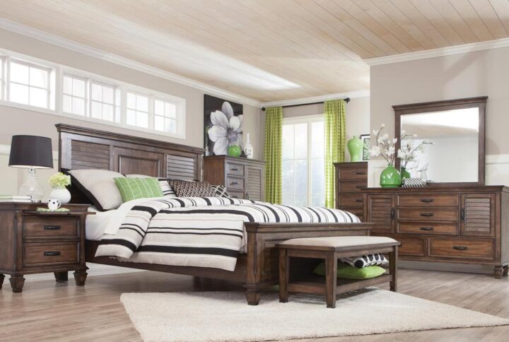 This magnificent 5-piece bedroom set from the Franco collection has chic styling and modern convenience. The imposing headboard and low footboard of the bed are crafted with detailed panels for an elegant look. The durable roomy drawers on the nightstand