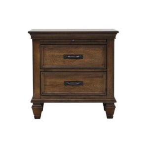 Radiate subtle rustic charm throughout a classic motif with this modern two-drawer nightstand. With features like a pull-out service tray and cord access for charging electronics