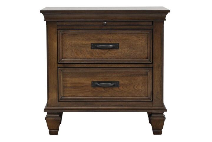 Radiate subtle rustic charm throughout a classic motif with this modern two-drawer nightstand. With features like a pull-out service tray and cord access for charging electronics