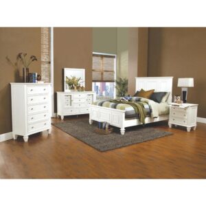 The Sandy Beach collection presents this splendid 4-piece bedroom set that offers a style that's both timeless and distinctive. The bed has a headboard and footboard that both feature exquisitely carved paneling. The nightstand has three drawers and a pull-out service tray for added convenience. The dresser features an array of different sized drawers and two doors that open up for access to the smaller drawers as well as room on top for the accompanying square mirror. Each piece is constructed from maple veneers in a brilliant buttermilk finish (classic black finish is also available).
