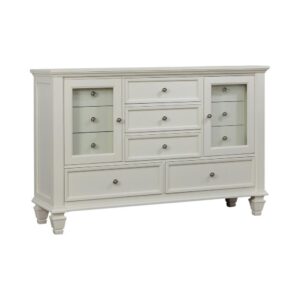 this dresser is sturdy and stylish. It features two large lower drawers and three smaller drawers in the center for versatile storage options. Six additional drawers are elegantly placed behind tasteful