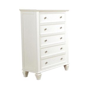 yet noble-looking chest. Chest features five roomy drawers with plenty of storage for foldable clothes as well as extra bed linens. Broad top is wide enough for a lamp and a collection of books. Crafted in tropical hardwoods and veneer. Finished in cream white