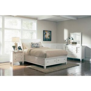 A highlight of the Sandy Beach collection is this eastern king storage bed that can be showcased in any primary suite. Headboard is flared and features carved markings and moldings. Footboard houses two storage drawers that are as practical as they are decorative. Bed is constructed from tropical hardwoods and veneer for dependability and durability. Classy cream white finish but also available in black and cappuccino.