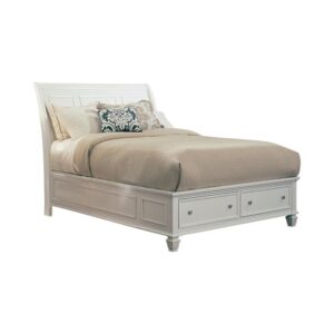 A highlight of the Sandy Beach collection is this eastern king storage bed that can be showcased in any primary suite. Headboard is flared and features carved markings and moldings. Footboard houses two storage drawers that are as practical as they are decorative. Bed is constructed from tropical hardwoods and veneer for dependability and durability. Classy cream white finish but also available in black and cappuccino.