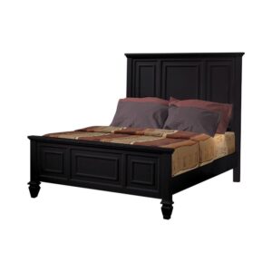 This stately Sandy Beach eastern king bed is suitable for a city penthouse or suburban townhome. Headboard and footboard are carved with detailed moldings and distinctive lines. The imposing headboard and low footboard impart a dignified character. Crafted from tropical hardwoods in a black finish. Also offered in buttermilk.