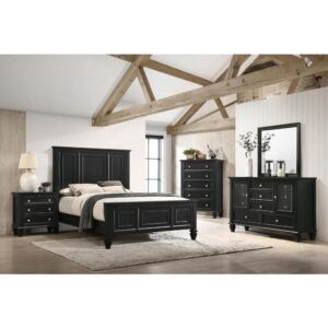 The Sandy Beach collection presents this splendid 4-piece bedroom set that offers a style that's both timeless and distinctive. The bed has a headboard and footboard that both feature exquisitely carved paneling. The nightstand has three drawers and a pull-out service tray for added convenience. The dresser features an array of different sized drawers and two doors that open up for access to the smaller drawers as well as room on top for the accompanying square mirror. Each piece is constructed from maple veneers in a brilliant black finish (also available in a timeless buttermilk finish).