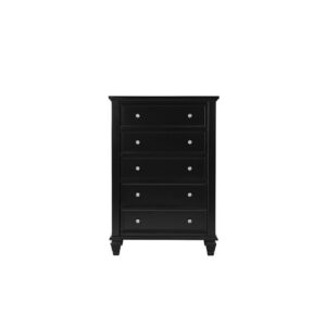 this noble-looking chest adds elegant simplicity to your primary suite. It is forged with five drawers for storage of your shirts and shorts as well as your watches and other valuables. The top is spacious enough for several knickknacks and a small table lamp. Constructed from tropical hardwoods and veneer in a black finish. Also available in buttermilk.